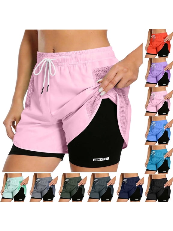 Running Shorts for Women with Liner Yoga Gym Workout High Waist Summer Casual Pockets Drawstring 2 In 1 Athletic Shorts