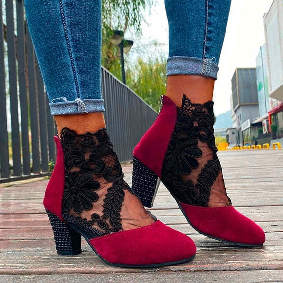 Jsaierl Sandals for Women Casual Summer, Solid Shoes Mid Heel Casual Sandals Flowers Zipper Breathable High Heel Boots Size 8.5