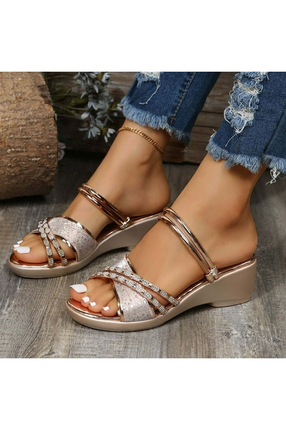 Sandals for Women Casual Summer, Summer Casual Round-toe Slippers Chunky Heel Middle Heel Fashion Rhinestone Decoration Slippers Size 4.5
