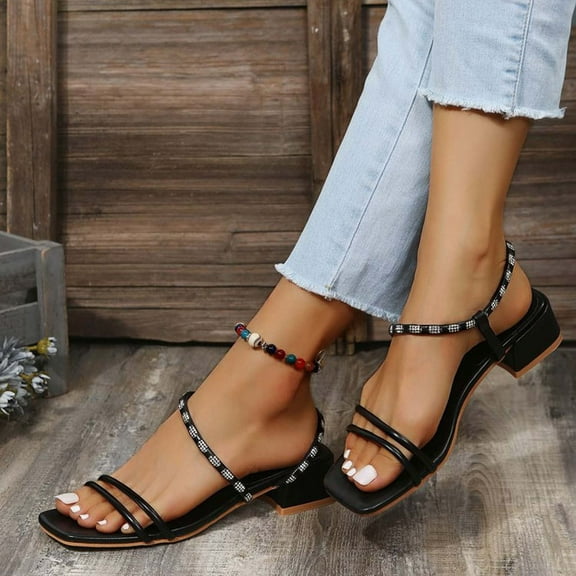 Jsaierl Sandals for Women Casual Summer, Summer Casual Square Head Sandals Middle Heel Solid Color Fashion Sandals Size 7