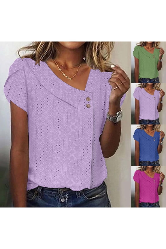 Shirts for Women Trendy Summer 2026 Petal Short Sleeve v Neck Petite Tops Cute Lace Eyelet Blouses Dressy Casual