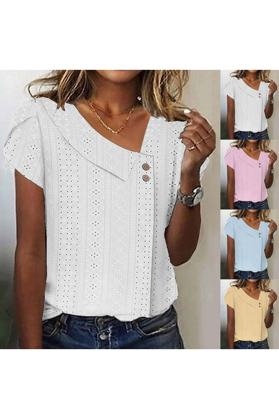 Shirts for Women Trendy Summer 2025 Petal Short Sleeve v Neck Petite Tops Cute Lace Eyelet Blouses Dressy Casual