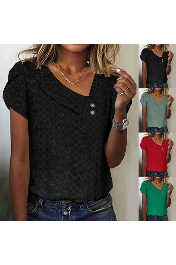 Shirts for Women Trendy Summer 2025 Petal Short Sleeve v Neck Petite Tops Cute Lace Eyelet Blouses Dressy Casual