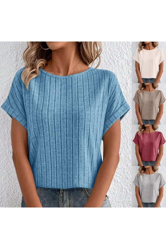 Short Sleeve Ribbed Knit Tops for Women Casual Vacation Shirts Crewneck Soft Ladies Blouses Boho Solid Tshirts Top S-2XL
