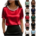 thumbnail image 1 of Jsaierl Short Sleeve Satin Tops for Women Casual Vacation Shirts Crewneck Classic Ladies Blouses Boho Solid Tshirts Top S-2XL, 1 of 6
