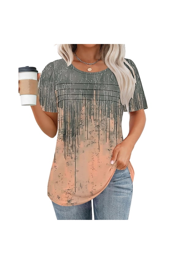 Short Sleeve Tops for Women Casual Loose Fit Shirts Crewneck Soft Ladies Pleated Blouses Boho Floral Print T Shirts Top S-2XL