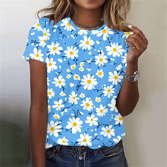 Jsaierl Short Sleeve Tops for Women Plus Size Vacation Shirts Round Neck Going Out Tunic Blouses Fashion Graphic Tshirts Top S-5XL