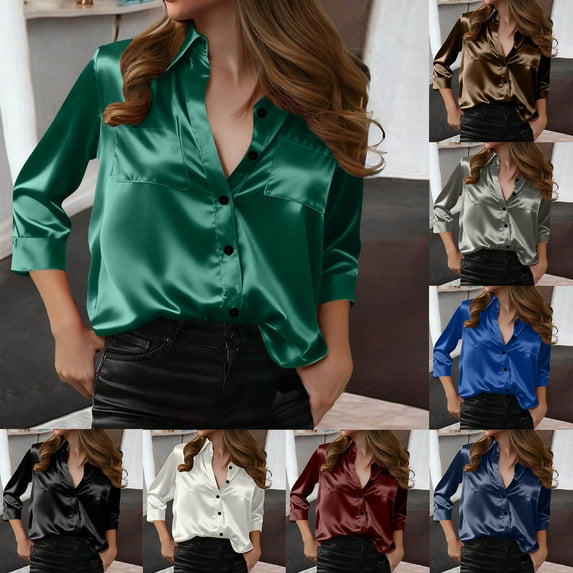 Jsaierl Silk Satin Cardigans for Women 3/4 Sleeve Plus Size Button Down Open Front Shirts Fashion Solid Ladies Blouses Going Out Elegant Tunic Tops S-2XL