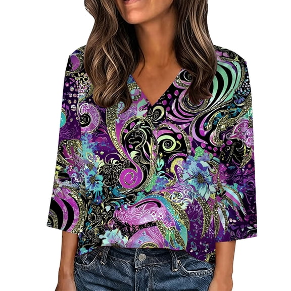 Jsaierl Silk Satin Tops for Women 3/4 Sleeve Casual V Neck Shirts Boho Print Ladies Blouses Work Vacation Tunic Top S-5XL