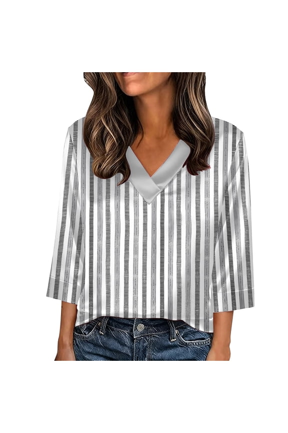 Silk Satin Tops for Women 3/4 Sleeve Casual V Neck Shirts Trendy Print Ladies Blouses Flowy Dressy Tunic Top S-5XL