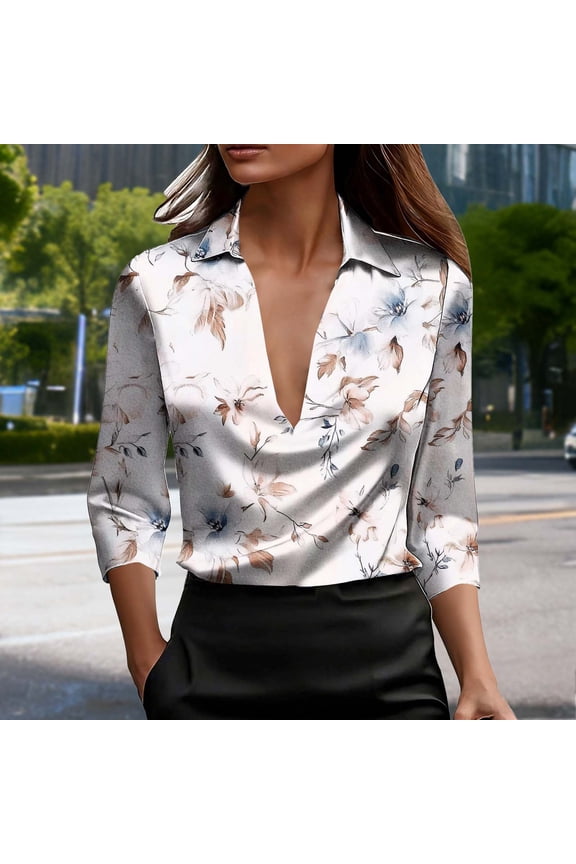 Silk Satin Tops for Women 3/4 Sleeve Summer V Neck Shirts Retro Print Ladies Blouses Work Vacation T-shirts Top S-3XL