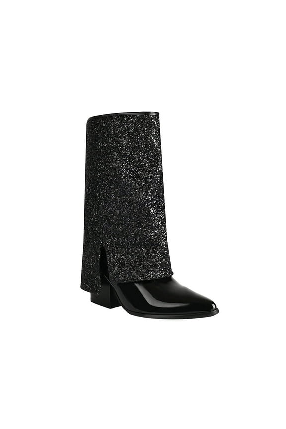 Sparkly Rhinestone Mid-Calf Boots for Womens Fold Over Pull On Boots Chunky High Heels Long Boots Zipper Pointed Toe Dress Tall Boots for Women