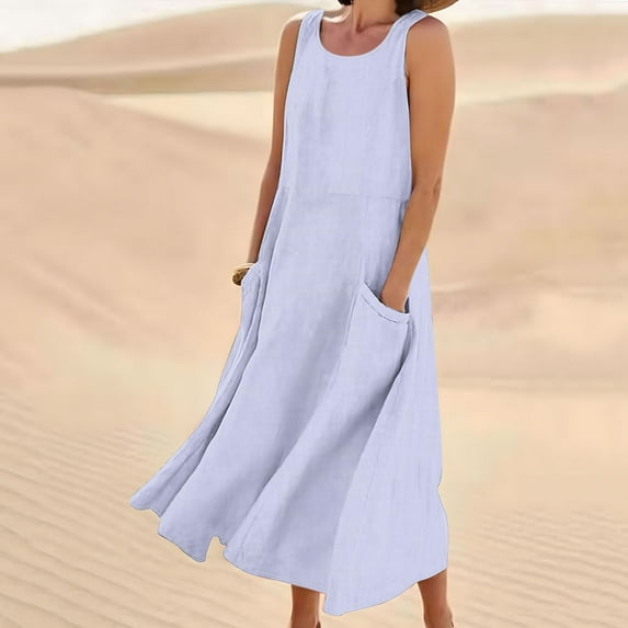 Jsaierl Summer Dresses for Women 2024 Casual Boho Sundress Crew Neck Sleeveless Beach Vacation Maxi Dresses with Pockets
