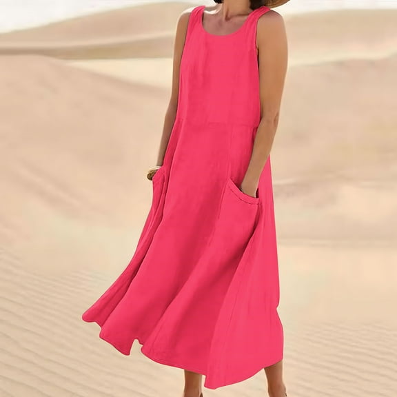 Jsaierl Summer Dresses for Women 2024 Casual Boho Sundress Crew Neck Sleeveless Beach Vacation Maxi Dresses with Pockets
