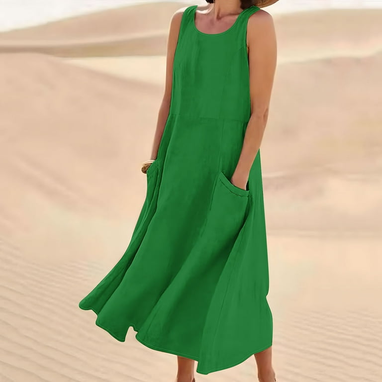 linen summer dresses 2024 Jsaierl Summer Dresses for Women 2024 Sleeveless Cotton Linen Dress Casual Solid Color V Neck Dress Loose Fit Long Dresses, Women's, Size: Medium,