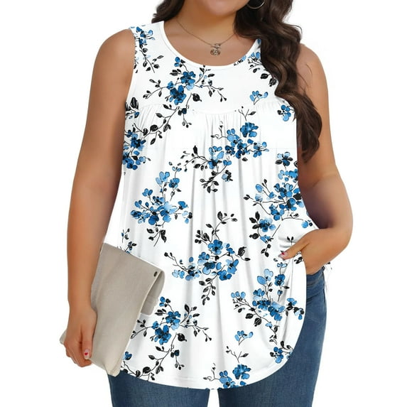 Jsaierl Summer Plus Size Tank Tops for Women Trendy Crewneck Sleeveless Tshirts Cute Floral Print Tunic Blouses Beach Flowy Hem Cami Top