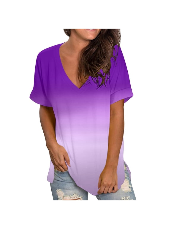 Summer Tops for Women,Women's V-Neck T-Shirt Fashion Casual Short Sleeve Plus Size Tops Gradient V-Neck Blouse Tunic