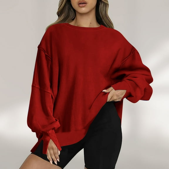Jsaierl Sweatshirt for Women Loose Fit Solid Color Sweatshirts Crewneck Holiday Sweater Tops Trendy Long Sleeve Blouses Womens Sweatshirts Under $10