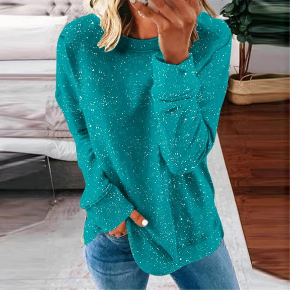 Jsaierl Sweatshirt for Women Plus Size Solid Color Print Sweatshirts Round Neck Holiday Sweater Tops Workout Long Sleeve Blouses Winter Saving