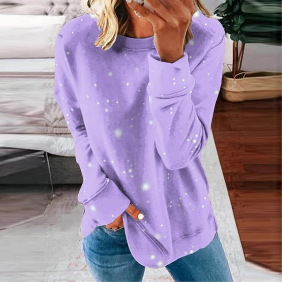 Jsaierl Sweatshirt for Women Plus Size Solid Color Print Sweatshirts Round Neck Holiday Sweater Tops Workout Long Sleeve Blouses Winter Saving
