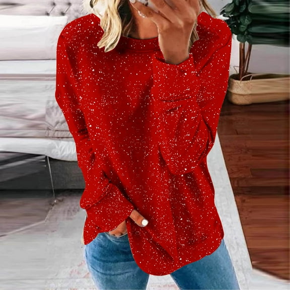 Jsaierl Sweatshirt for Women Plus Size Solid Color Print Sweatshirts Round Neck Holiday Sweater Tops Workout Long Sleeve Blouses Winter Saving