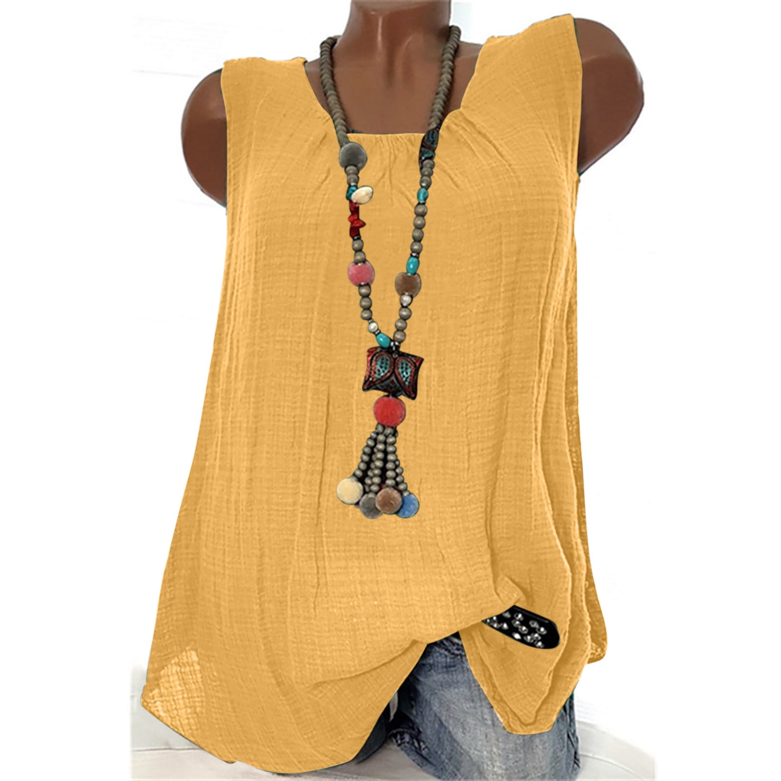 Jsaierl Tank Top for Women Plus Size Cotton Linen Sleeveless Round Neck ...