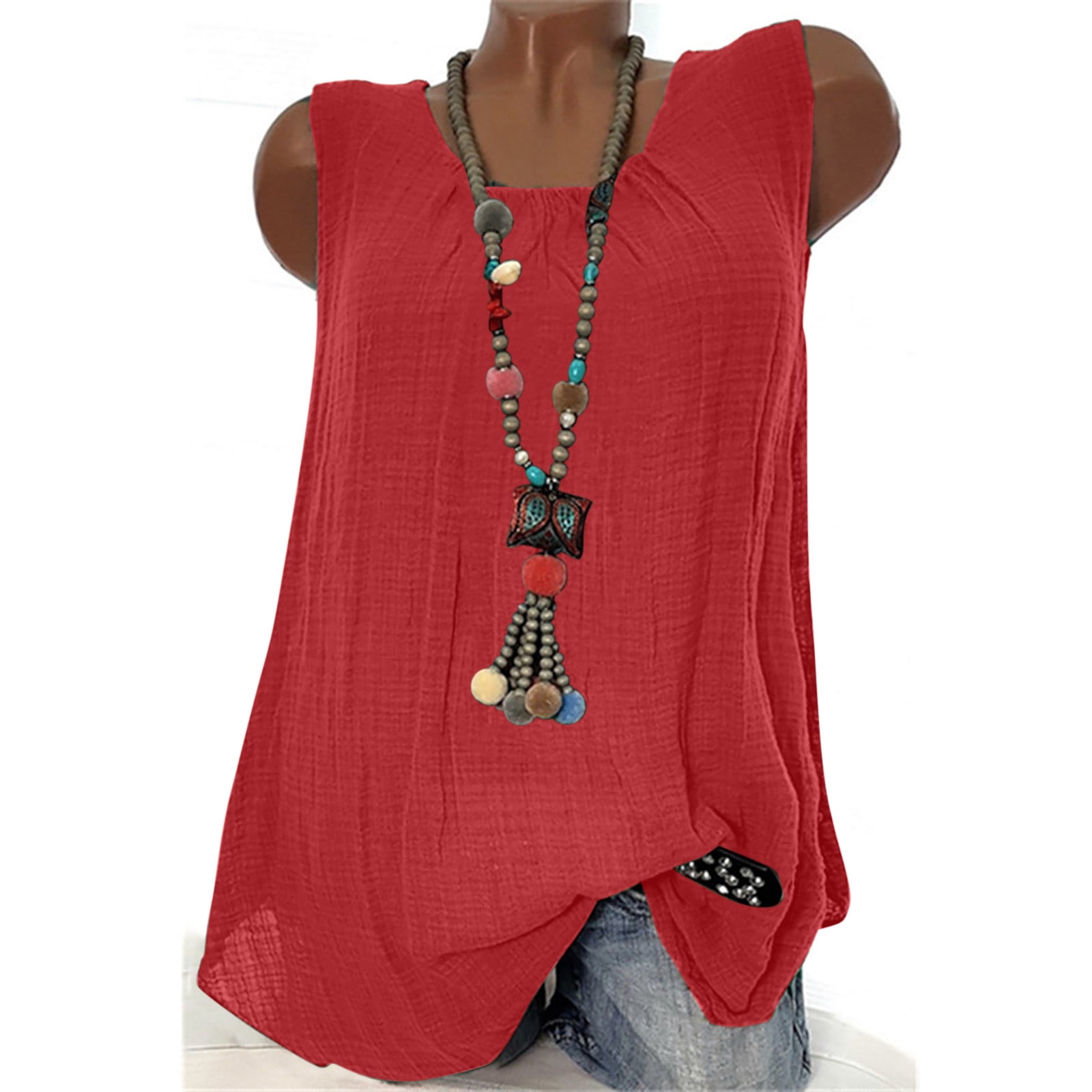 Jsaierl Tank Top for Women Plus Size Cotton Linen Sleeveless Round Neck ...