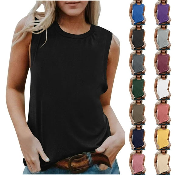 Jsaierl Tank Tops for Women Summer Loose Fit Crew Neck Sleeveless T Shirts Solid Color Basic Tank Top for Gym Workout Vacation Beach