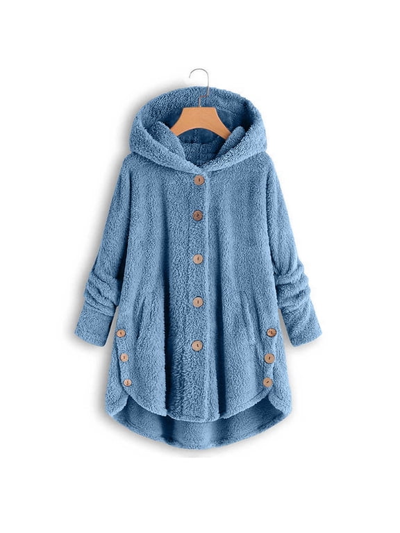 Thick Winter Coats for Women Causal Cute Sherpa Coats Fuzzy Fleece Warm Coats Button Down Long Sleeve Hooded Coat