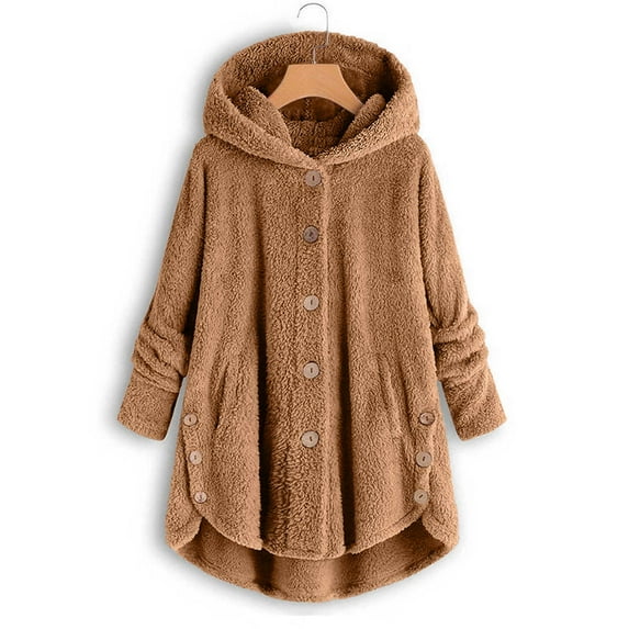 Jsaierl Thick Winter Coats for Women Causal Cute Sherpa Coats Fuzzy Fleece Warm Coats Button Down Long Sleeve Hooded Coat