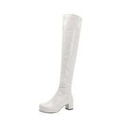 Jsaierl Thigh High Boots for Womens Over The Knee Patform Chunky Heel Stretch Long Fall Y2K Gogo Boots Fashion Square Toe Boots Low Block Heel Booties