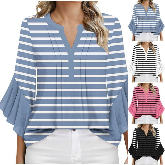 Jsaierl Tops for Women 3/4 Flounce Sleeve Plus Size V Neck Shirts Dressy Striped Petite Pleated Blouses Soft Loose Fit T-shirts Top S-2XL