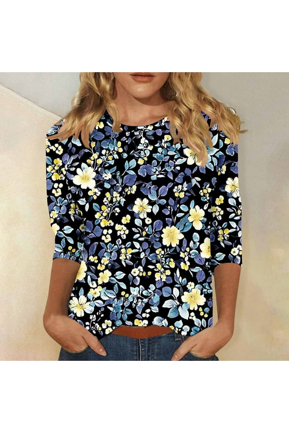 Tops for Women 3/4 Sleeve Casual Crew Neck Shirts Boho Graphic Petite Blouses Workout Vacation Tunic Top S-5XL