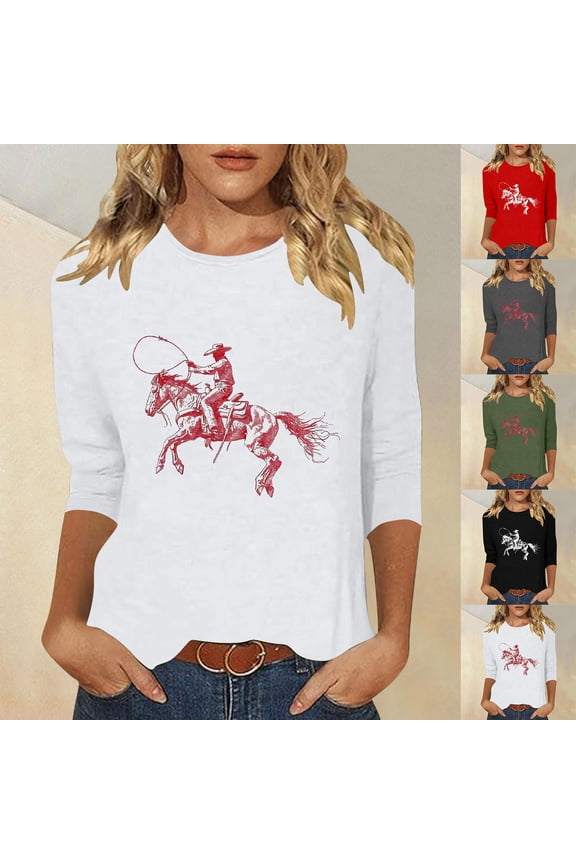 Tops for Women 3/4 Sleeve Casual Crew Neck Shirts Trendy Graphic Petite Blouses Workout Vacation T-shirts Top S-2XL