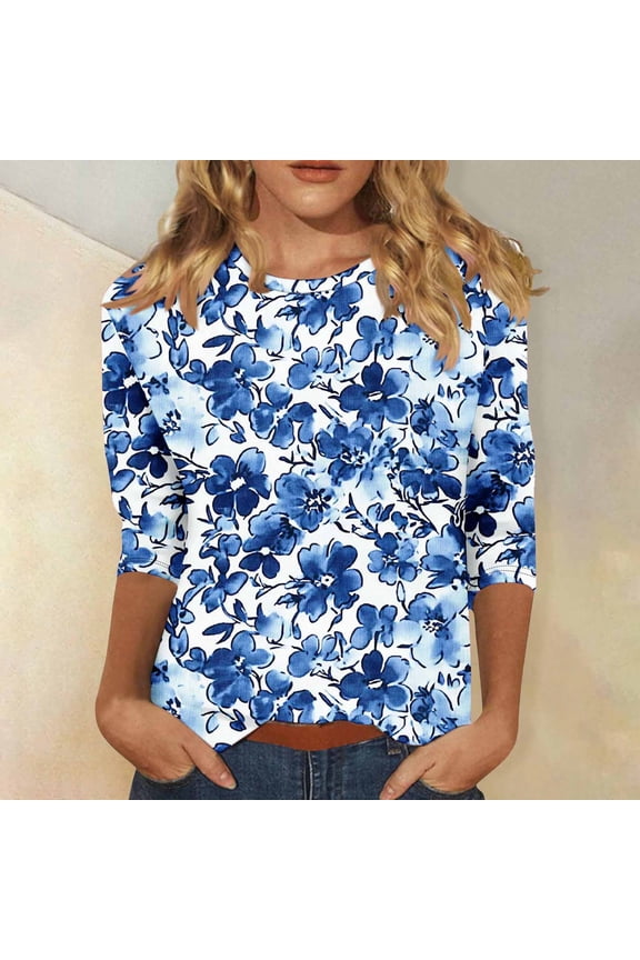 Tops for Women 3/4 Sleeve Casual Crew Neck Shirts Trendy Print Petite Blouses Flowy Dressy Tunic Top S-5XL