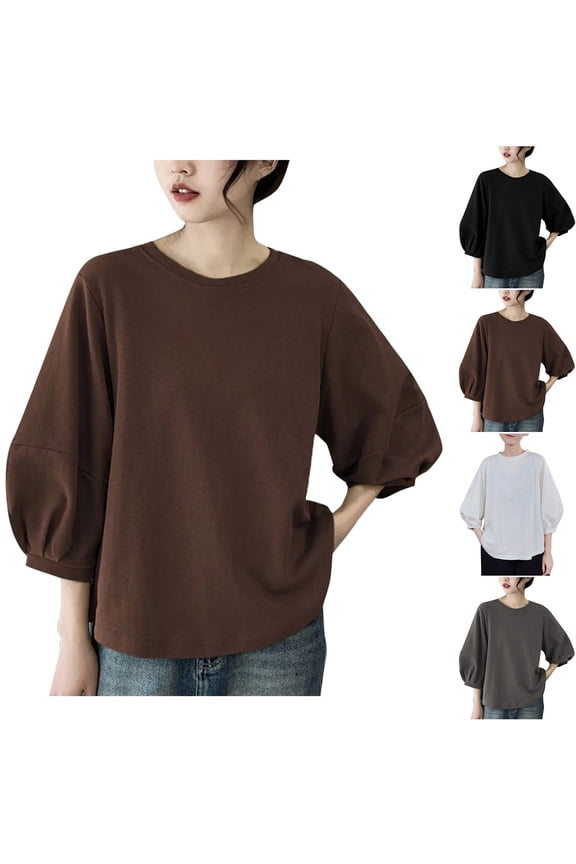 Tops for Women 3/4 Sleeve Casual Crew Neck Shirts Trendy Solid Petite Blouses Work Holiday Tunic Top M-3XL
