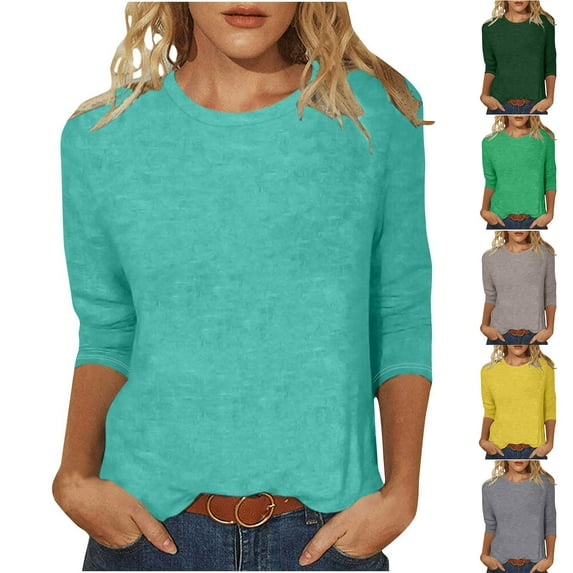 Jsaierl Tops for Women 3/4 Sleeve Casual Round Neck Shirts Cute Solid Petite Blouses Going Out Vacation Tunic Top S-2XL