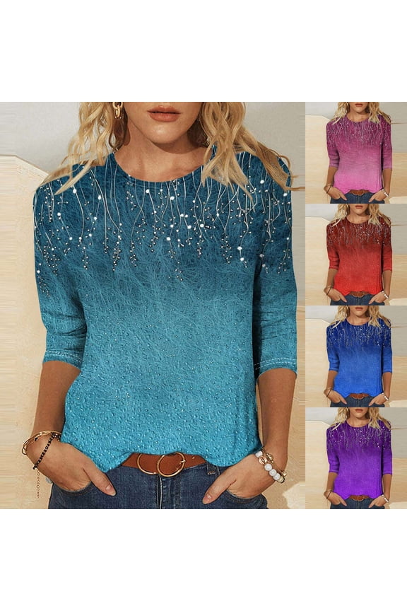 Tops for Women 3/4 Sleeve Casual Round Neck Shirts Fashion Graphic Petite Blouses Flowy Holiday Tunic Top S-5XL
