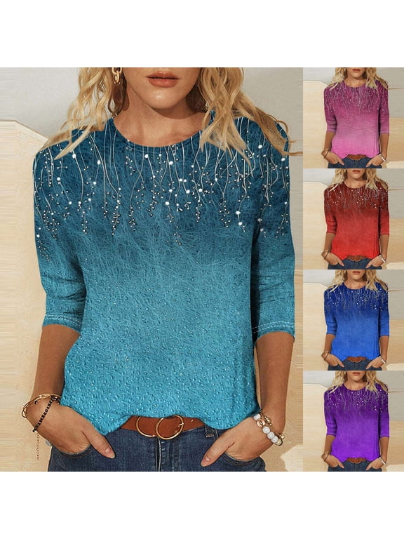 Tops for Women 3/4 Sleeve Casual Round Neck Shirts Fashion Graphic Petite Blouses Flowy Holiday Tunic Top S-5XL