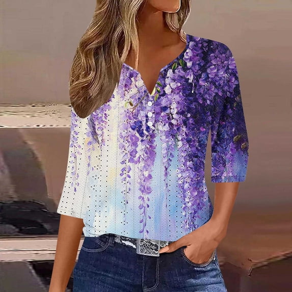 Jsaierl Tops for Women 3/4 Sleeve Casual V Neck Shirts Dressy Print Petite Hollow Out Blouses Workout Vacation Tunic Top S-2XL