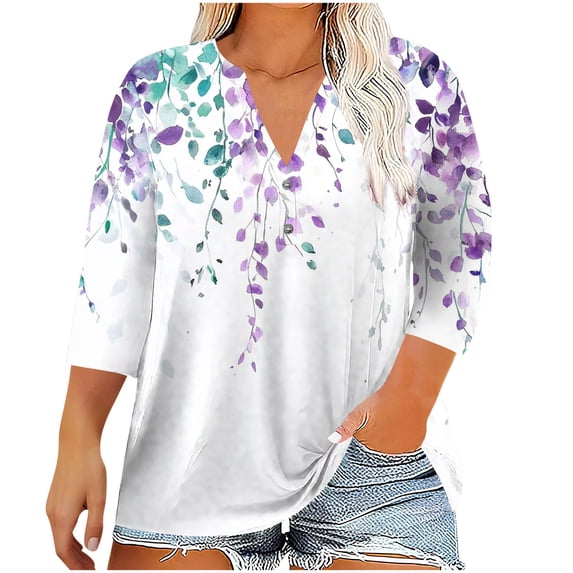 Jsaierl Tops for Women 3/4 Sleeve Plus Size Button Up V Neck Shirts Cute Print Petite Blouses Workout Elegant T-shirts Top L-5XL