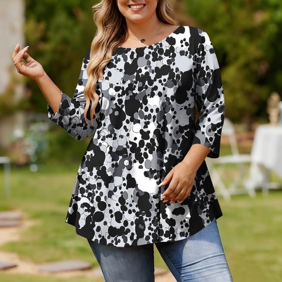 Jsaierl Tops for Women 3/4 Sleeve Plus Size Summer Round Neck Shirts Trendy Graphic Petite Blouses Classic Cotton Tunic Top XL-5XL