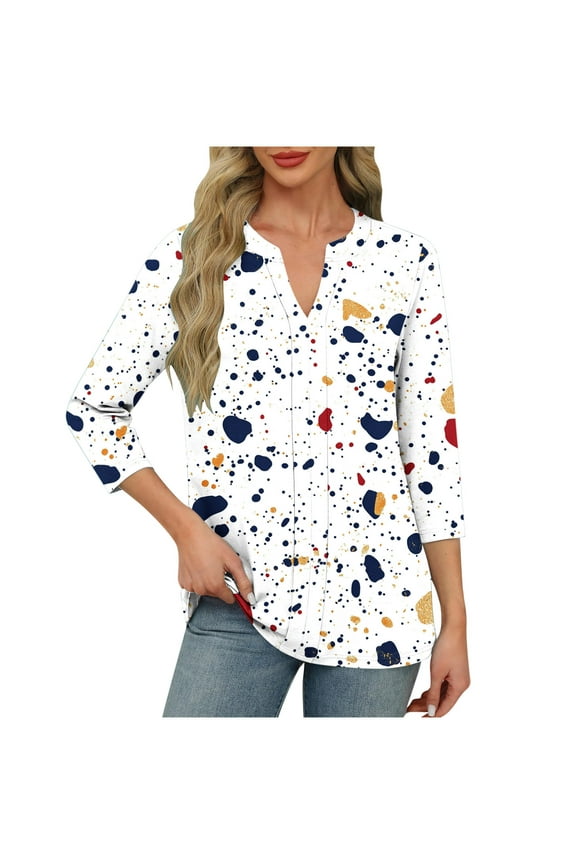 Tops for Women 3/4 Sleeve Plus Size V Neck Shirts Boho Graphic Petite Blouses Workout Cotton Tunic Top S-2XL
