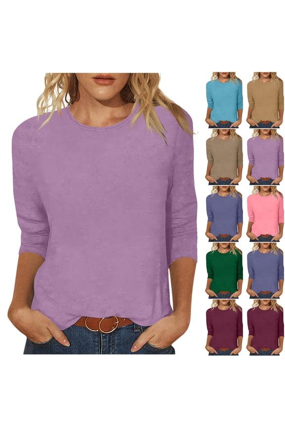 Tops for Women 3/4 Sleeve Summer Crew Neck Shirts Dressy Solid Ladies Blouses Going Out Elegant Tunic Top S-3XL