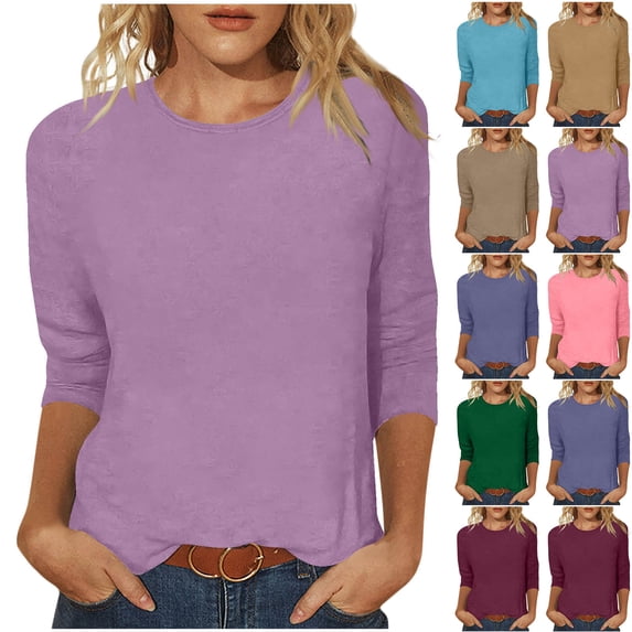 Jsaierl Tops for Women 3/4 Sleeve Summer Crew Neck Shirts Dressy Solid Ladies Blouses Going Out Elegant Tunic Top S-3XL