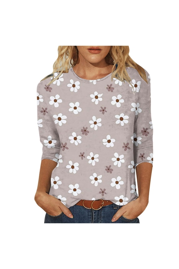 Tops for Women 3/4 Sleeve Summer Crew Neck Shirts Trendy Graphic Petite Blouses Flowy Loose Fit Tunic Top S-3XL