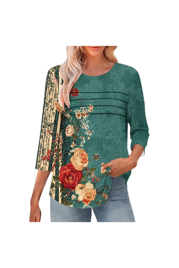 Tops for Women 3/4 Sleeve Summer Crew Neck Shirts Trendy Graphic Petite Blouses Workout Loose Fit Tunic Top S-2XL