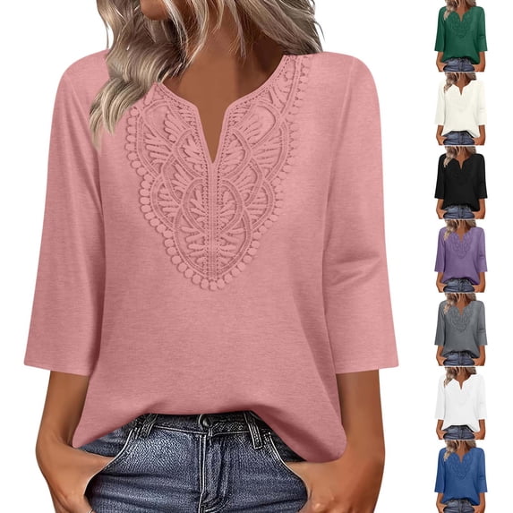 Jsaierl Tops for Women 3/4 Sleeve Summer V Neck Lace Shirts Fashion Solid Petite Blouses Classic Cotton T-shirts Top S-2XL