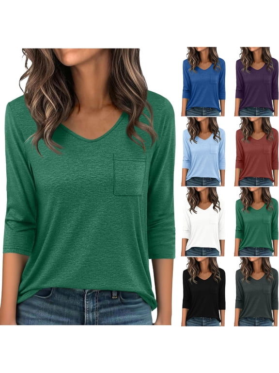 Tops for Women 3/4 Sleeve Summer V Neck Shirts Dressy Solid Petite Blouses Flowy Cotton T-shirts Top S-2XL