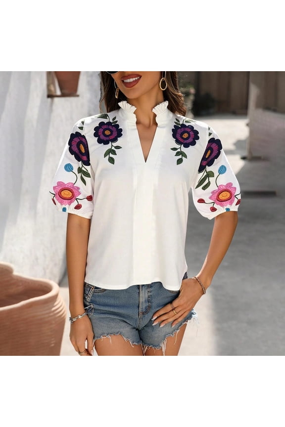 Tops for Women Short Sleeve Casual Vacation Embroidery Shirts V Neck Athletic Tunic Blouses Trendy Print T Embroidery Shirts Top S-2XL